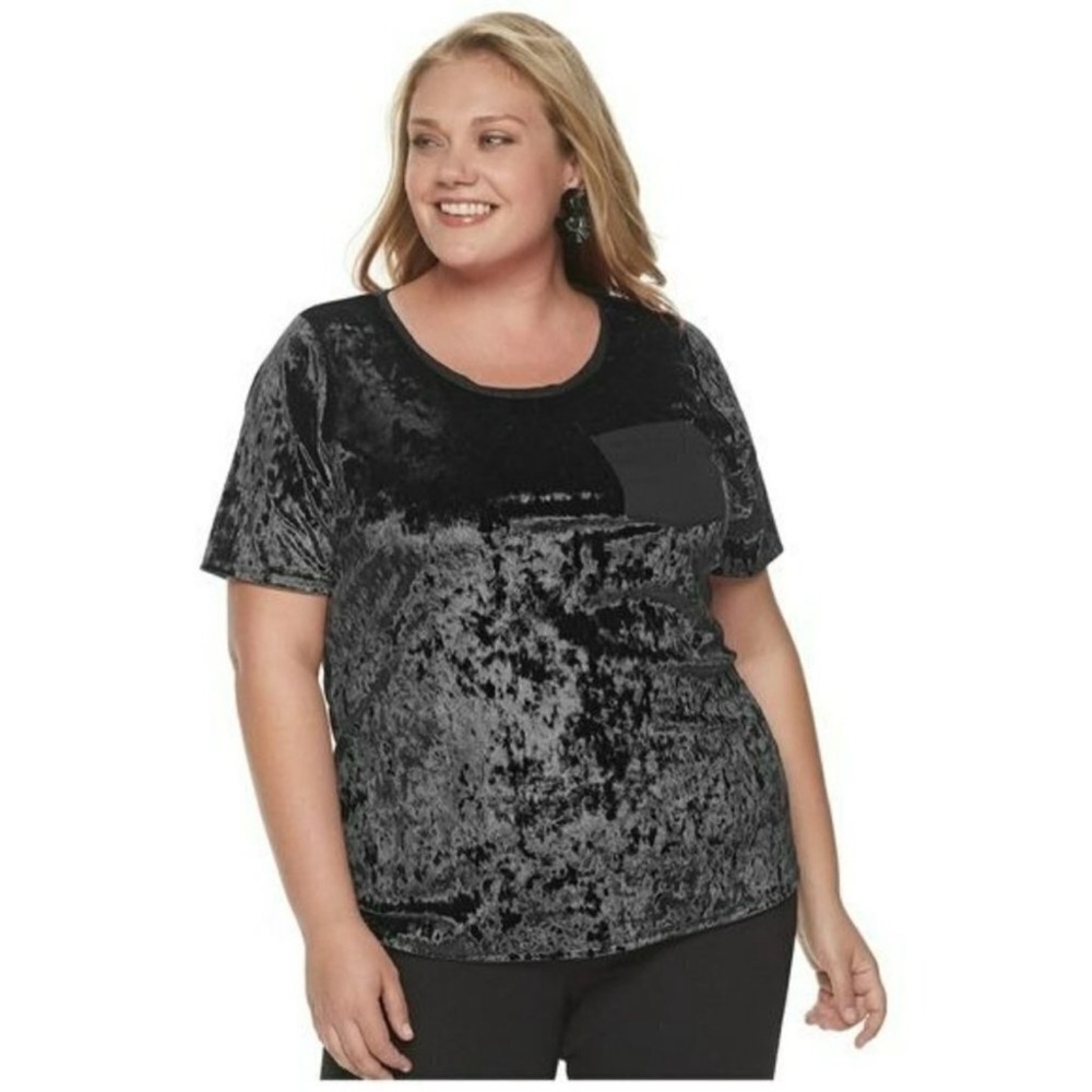 EVRI Velvet Crushed Velvet Tee with Pocket Size 1X